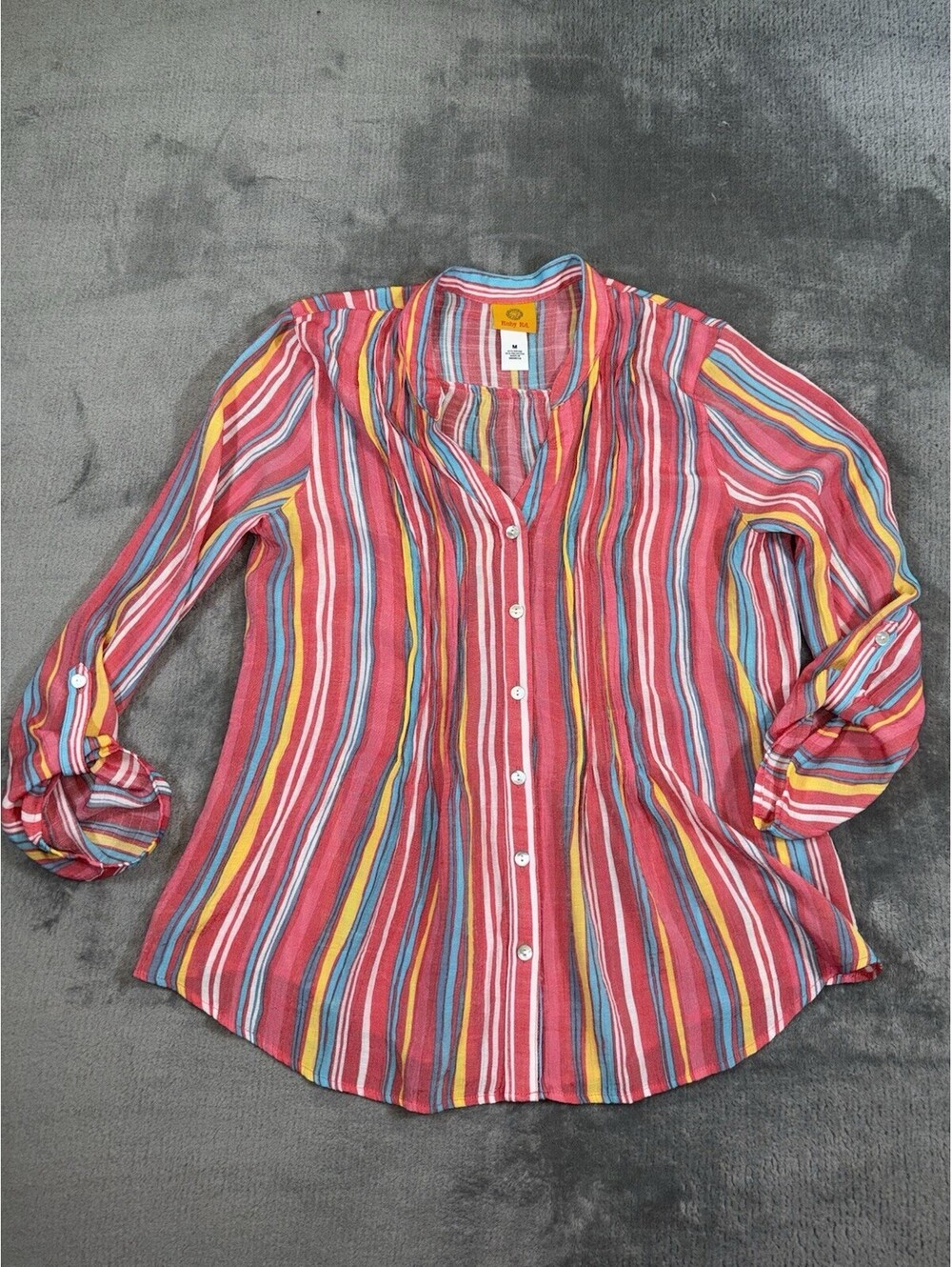 Ruby Rd Womens Button Up Shirt Medium Pink Multicolor Stripe Popover Sheer
